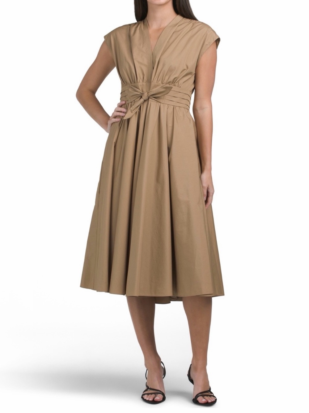 Kobi Halperin Tan V-Neck Midi Dress with Waist Tie